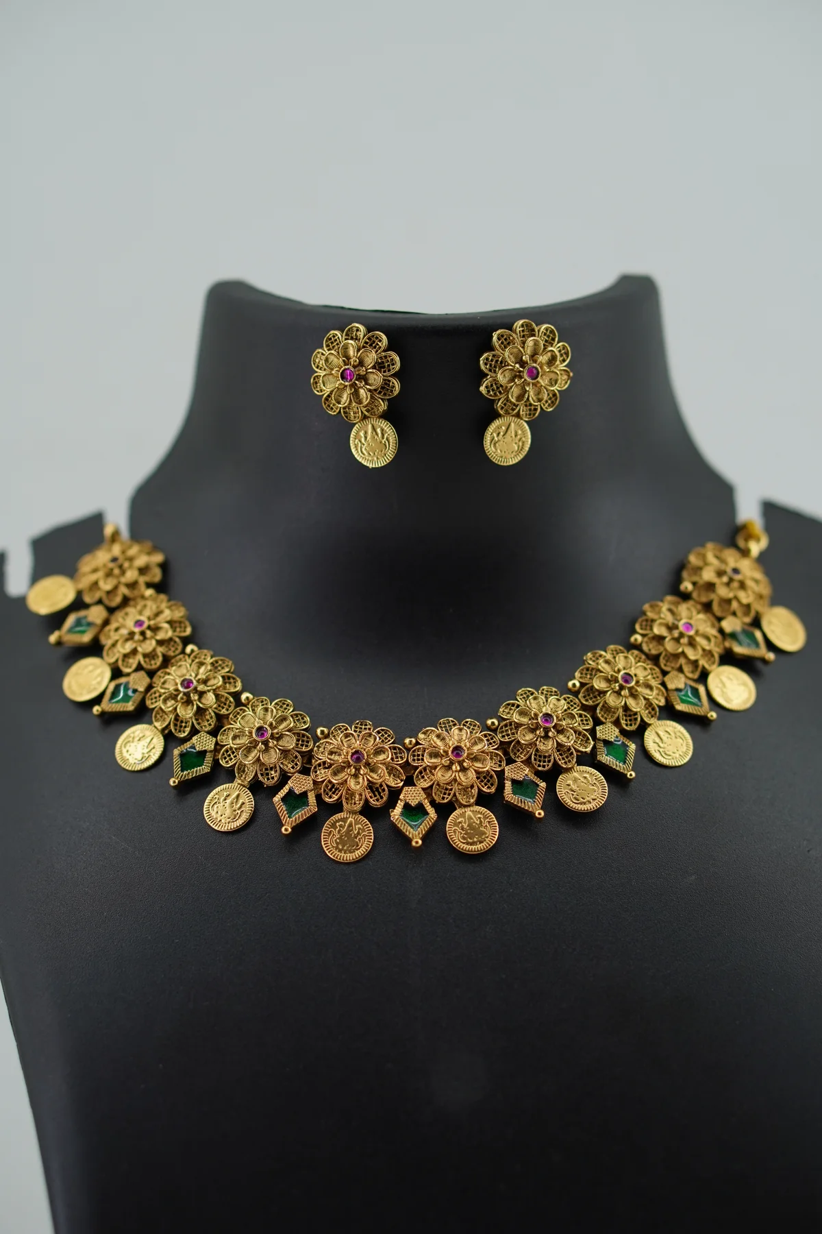 Flower With Green Drop And Coin Neckset Green Coin image 1